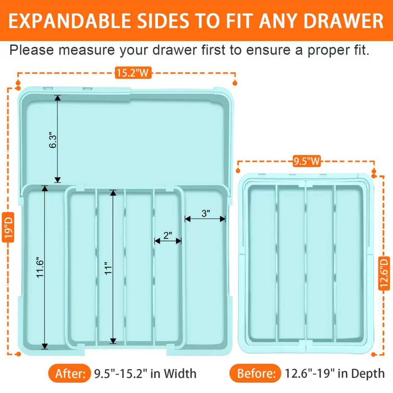 Spaclear Silverware Organizer - Expandable Silverware Drawer Organizer Adjustable Drawer Organizer, Silverware Tray for Drawer15.2"x 19" Cutlery Drawer Organizer, Kitchen Organizers Storage, Turquoise