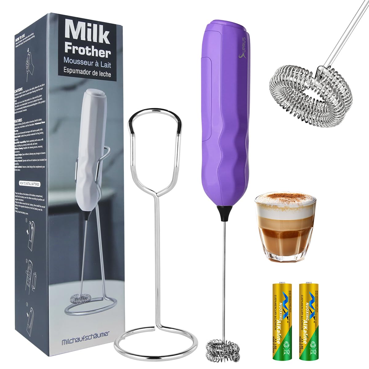 SUPRUS Ultra Fast Handheld Milk Frother Double Whisk with Stand 2 Batteries Stainless Steel for Lattes Cappuccino Matcha Hot Chocolate Coffee Bar Accessories Kitchen Gadgets Gift
