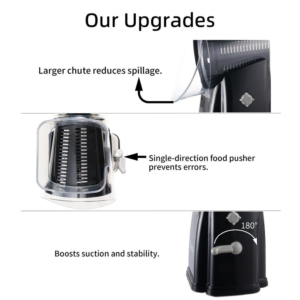 ChinKc Upgrade Rotary Cheese Grater Shredder with Handle, Strong Suction Base, Multi-purpose Rotary Grater Slicer with 5 Interchangeable Blades for Ice, Vegetables, Fruit, Nuts with Blade Storage Box