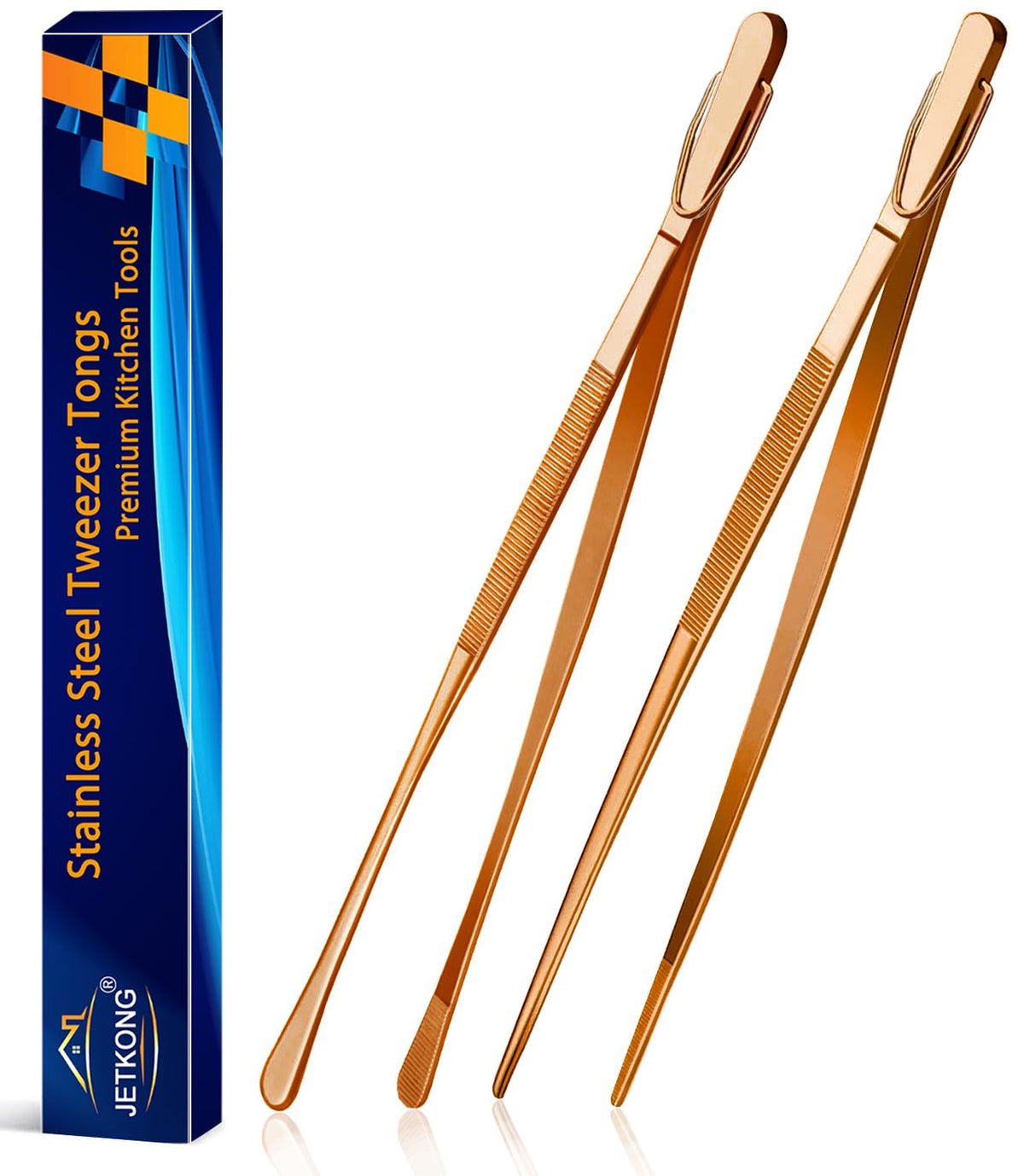 JETKONG 2 Pcs 12-Inch Cooking Tweezer Tongs Stainless Steel Kitchen Tweezers Plating Tongs (Navy Blue)