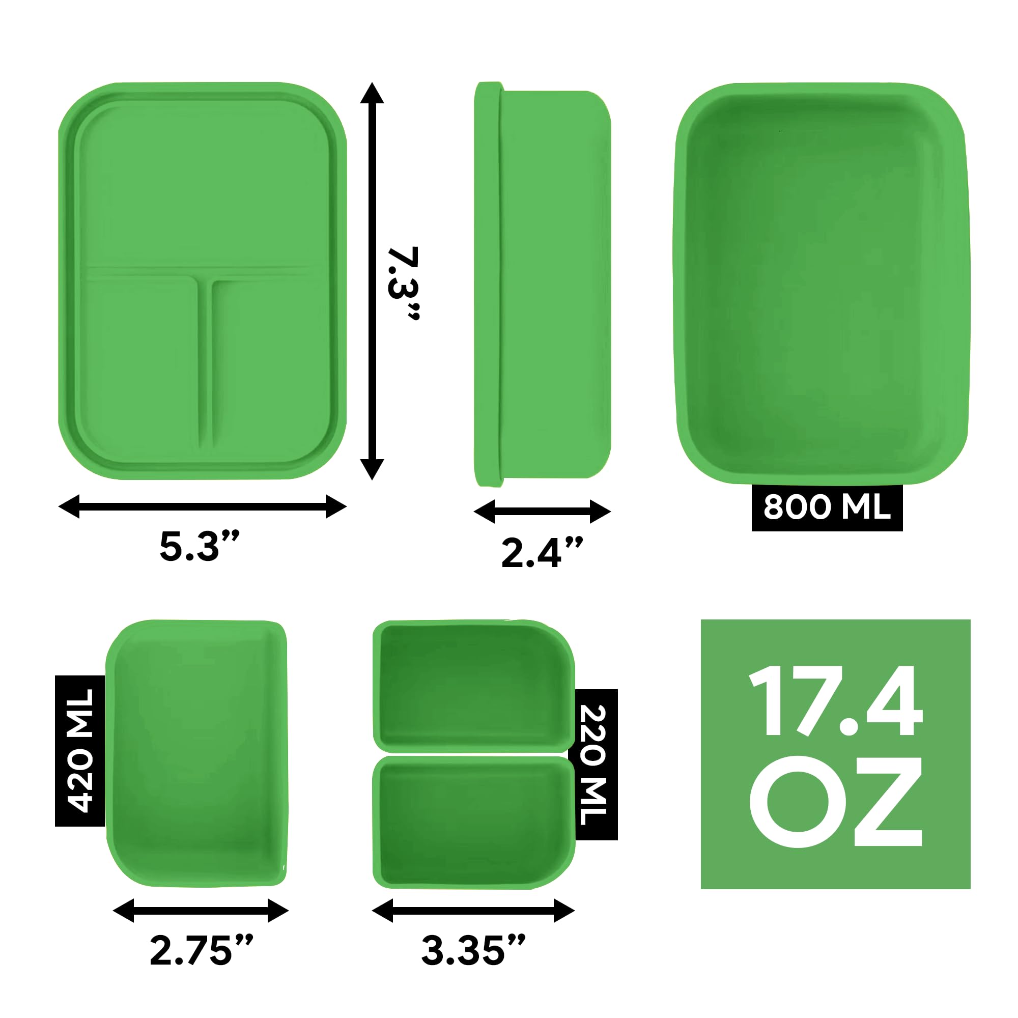 Versatyle Platinum Silicone Bento Lunch Box Set of 2 – 3 Compartments, Leakproof, Versatile, Durable, Microwave & Freezer Safe, Meal Prep, Food Storage for All Ages (Watermelon Green & Gold Honey)