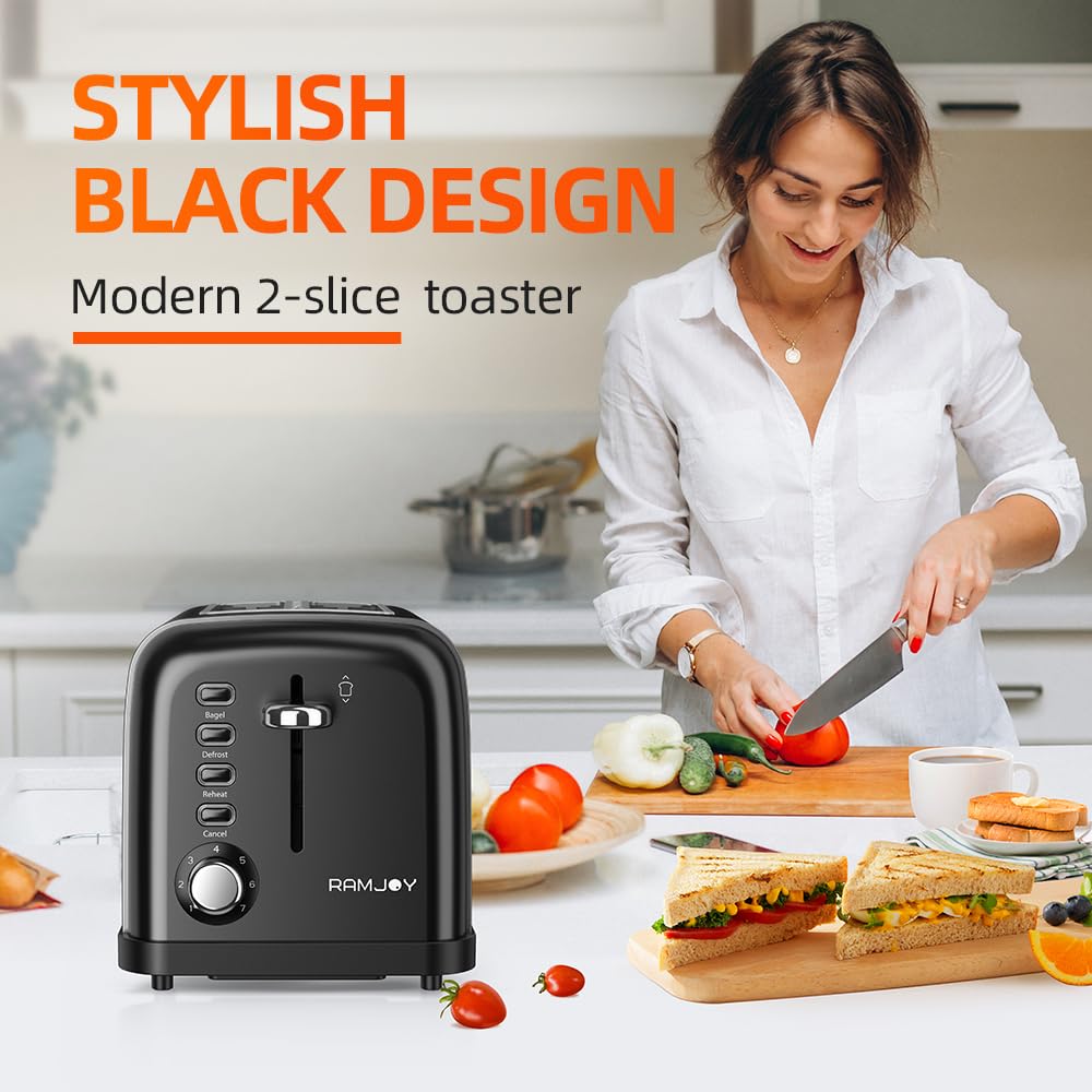 RAMJOY Black Toaster 2 Slice, Extra Wide Slot Toaster for Bagels, Bread, Waffles, 7 Shade Settings, 4 Main Functions, Removable Crumb Tray, 900 Watts Toasters, Black Stainless Steel