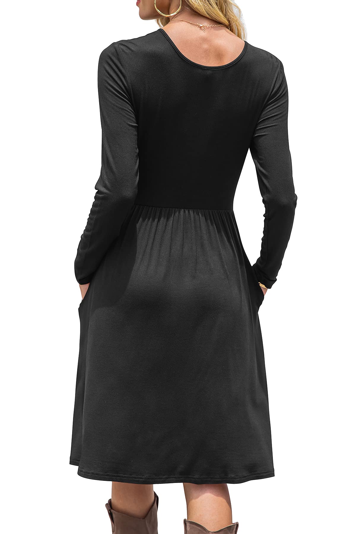 DB MOON Women Casual Long Sleeve Dresses Empire Waist Loose Dress with Pockets (Black, 3XL)