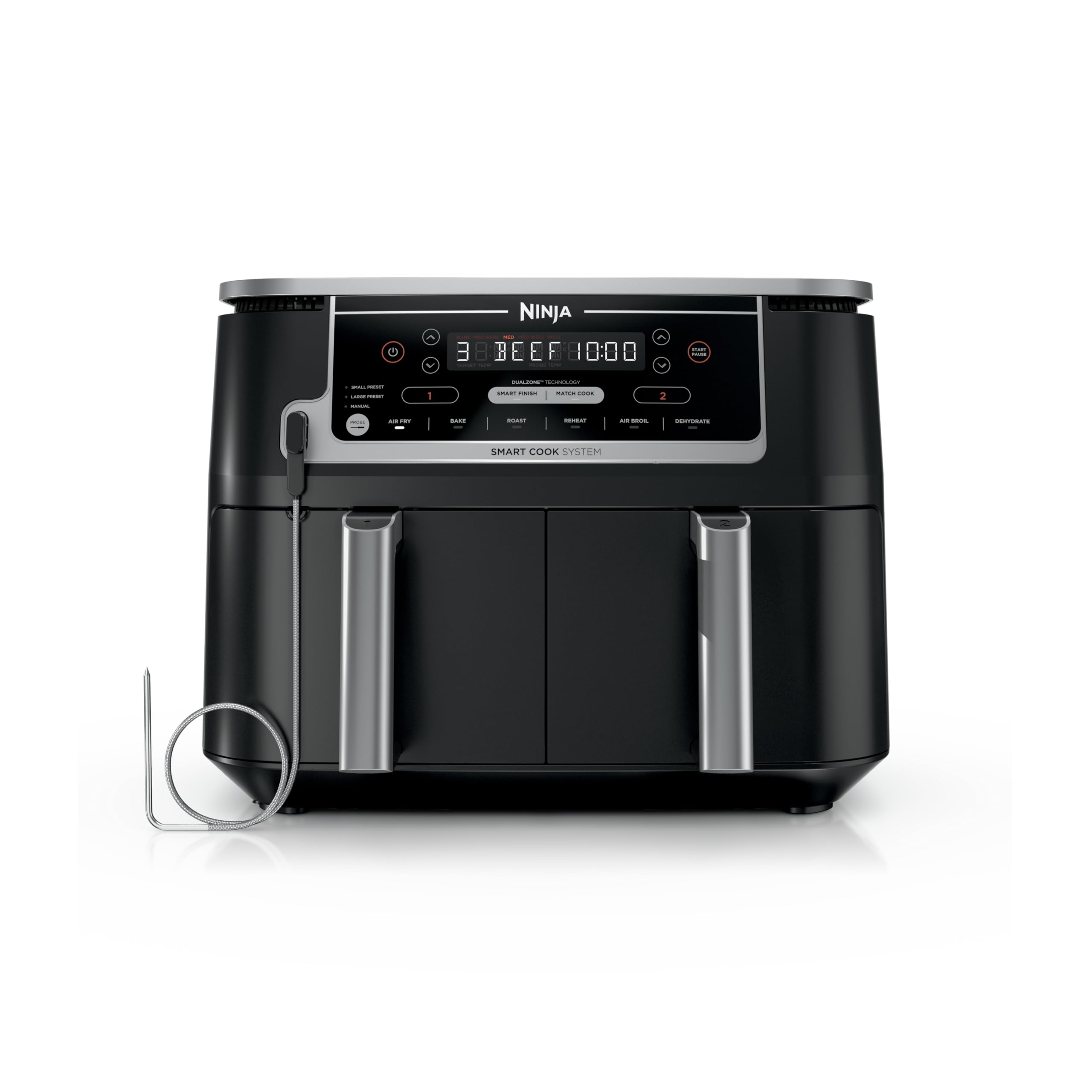 Ninja DZ550 Foodi 10 Quart 6-in-1 DualZone Smart XL Air Fryer with 2 Independent Baskets, Cook Thermometer for Perfect Doneness, Match and Finish to Roast, Dehydrate and More, Black