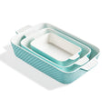 Sweejar Ceramic Baking Dish Set, Cake Baking Dish for Brownie, Porcelain Striped Casserole Dishes for Oven with Handle for Lasagna, Family Dinner(Turquoise)