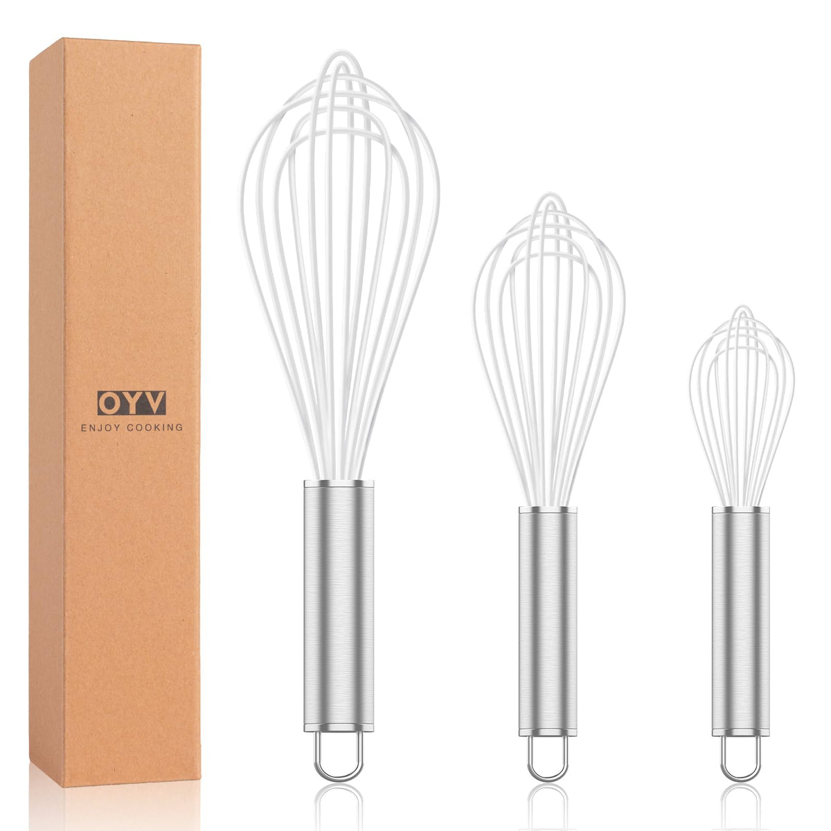 OYV White Silicone Whisk Set of 3, 8/10/12 Inch, Non-Scratch