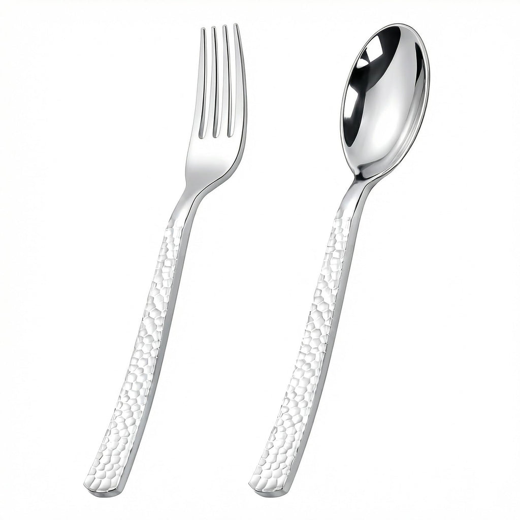 KIRE 400PCS Silver Plastic Forks and Spoons Disposable-Heavy Duty Plastic Silverware Set Silver Spoons and Forks-200 Forks and Spoon for Parties/Birthday/Wedding/Father's Day