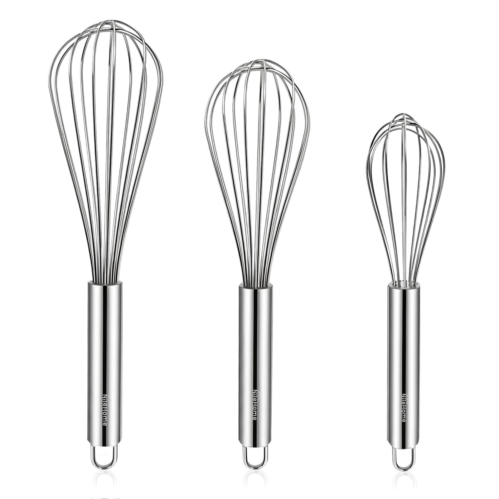 NileHome Stainless Steel Whisk Set 8" 10" 12" Kitchen Whisk Balloon Whisk Kitchen Wisk Wire Whisks for Cooking, Whisking, Blending, Beating, Stirring-3 Pack…