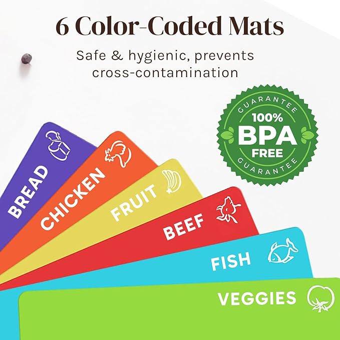 Cutting Boards for Kitchen – Bamboo Cutting Board Set with 6 Color-Coded Flexible Chopping Mats, Easy Clean Wood and Dishwasher-Safe Plastic, Large 17×12, Knife-Friendly by Cooler Kitchen