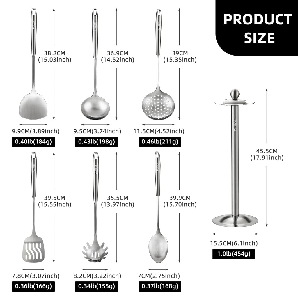 MAXCOOK Stainless Steel Cooking Utensils set, 18/8 Stainless Steel Kitchen Utensils set, 7 Pieces Cookware Set with Rotating Holder, Heat Resistant Stainless Steel Cooking Spoon(Dishwasher Safe)