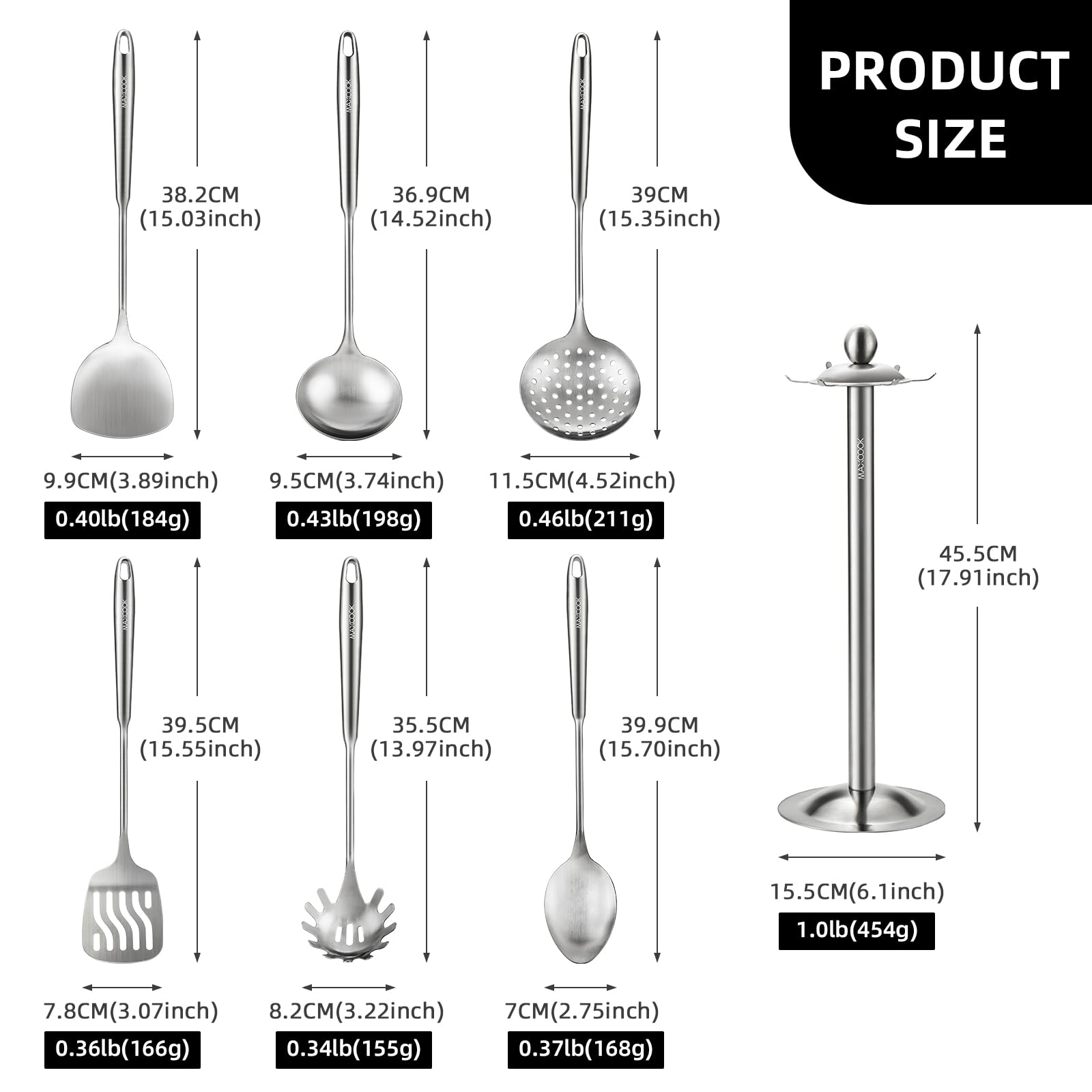 MAXCOOK Stainless Steel Cooking Utensils set, 18/8 Stainless Steel Kitchen Utensils set, 7 Pieces Cookware Set with Rotating Holder, Heat Resistant Stainless Steel Cooking Spoon(Dishwasher Safe)