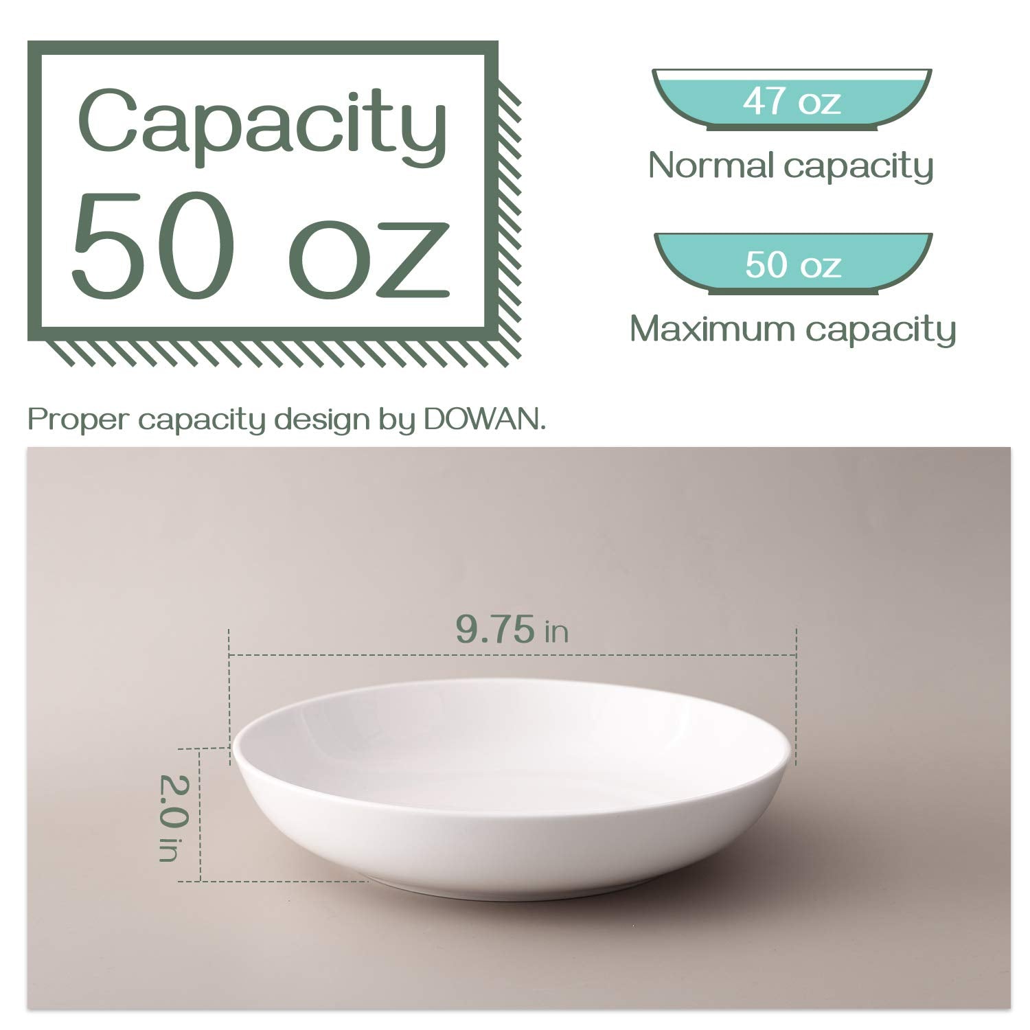 DOWAN 9.75" Pasta Bowls Set of 4, Large Shallow White Ceramic Salad Bowls, 50oz Wide Dinner Bowls for Pasta, Soup, Salad & Stew, Microwave & Dishwasher Safe, Housewarming Gift(Soft White)