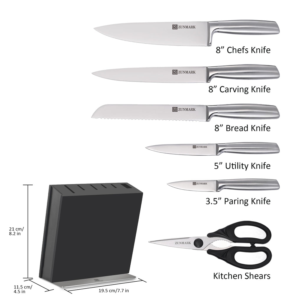 ZUNMARK Magnetic Knife Block Set, 7pcs Ultra Sharp Knife Set with Shears, Space-Saving Design for Home and Professional Kitchens, Silver