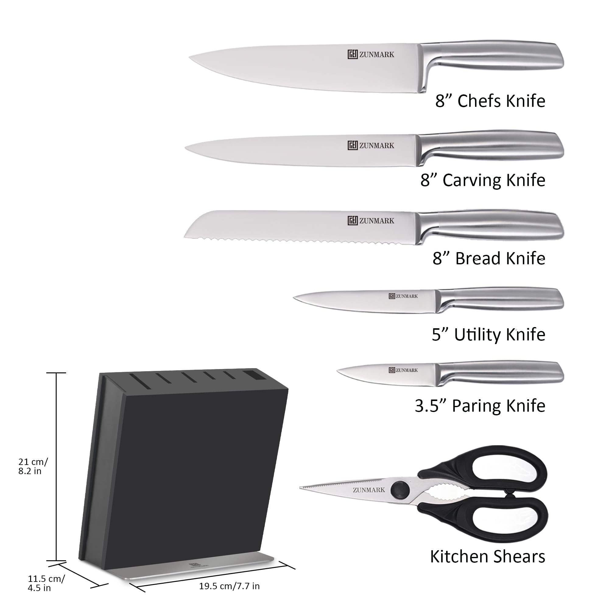 ZUNMARK Magnetic Knife Block Set, 7pcs Ultra Sharp Knife Set with Shears, Space-Saving Design for Home and Professional Kitchens, Silver