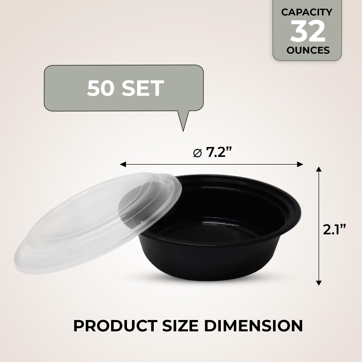 Klex 32 Oz, 50 Sets Meal Prep Containers with Airtight Lids, BPA Free, Reusable Plastic Food Container, 32 oz, Round, Black/Clear, 50 Sets