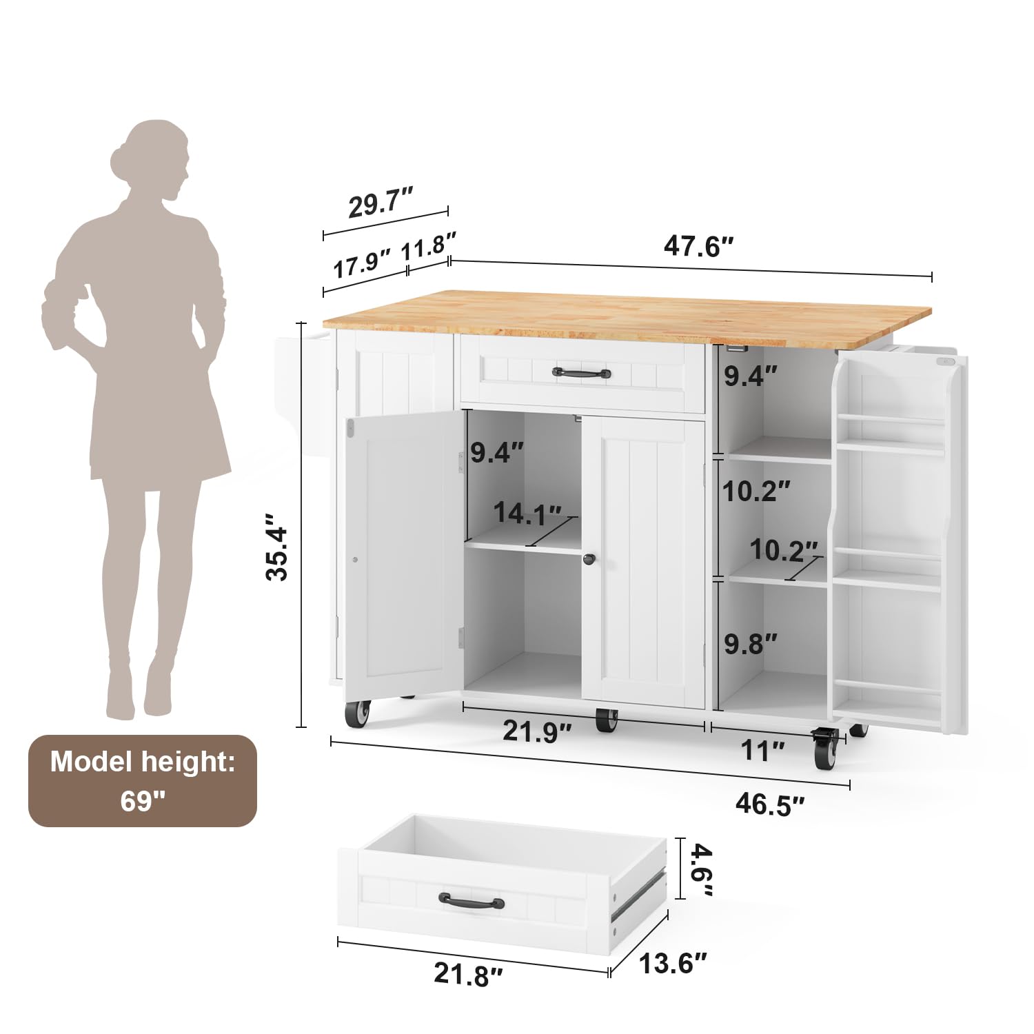 Ahomly Kitchen Island with Storage, 47.6" Rolling Kitchen Island on Wheels with Drop Leaf, Door Cabinet, Drawer, Spice Rack, Towel Rack and Knife Holder, Kitchen Cart Island Table for Kitchen, White