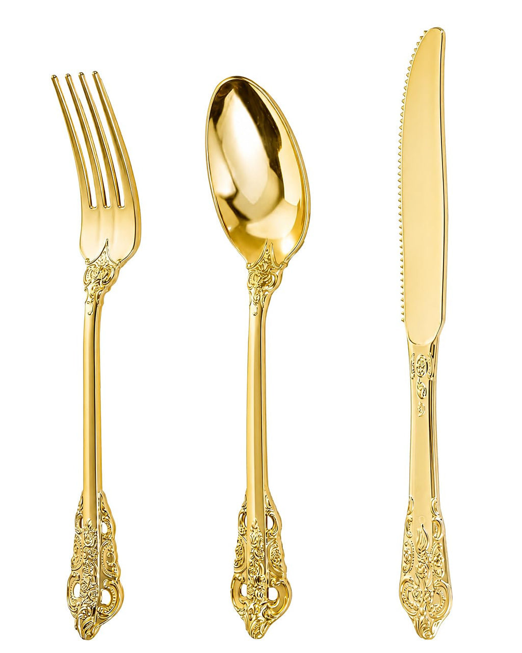 bUCLA HEAVYWEIGHT 300PCS Gold Plastic Silverware Disposable - Extra Heavy Duty Plastic Cutlery - Gold Disposable Utensils Set - Include 100 Knives, 100 Forks, 100 Spoons for Party & Special Moments