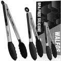 Walfos Kitchen Tongs - Heat Resistant Cooking Tongs Set of 3, Stainless Steel and BPA Free Silicone Tips, Great for Cooking, Grilling, Turning, 7" 9" and 12" (3 black silicone tongs)