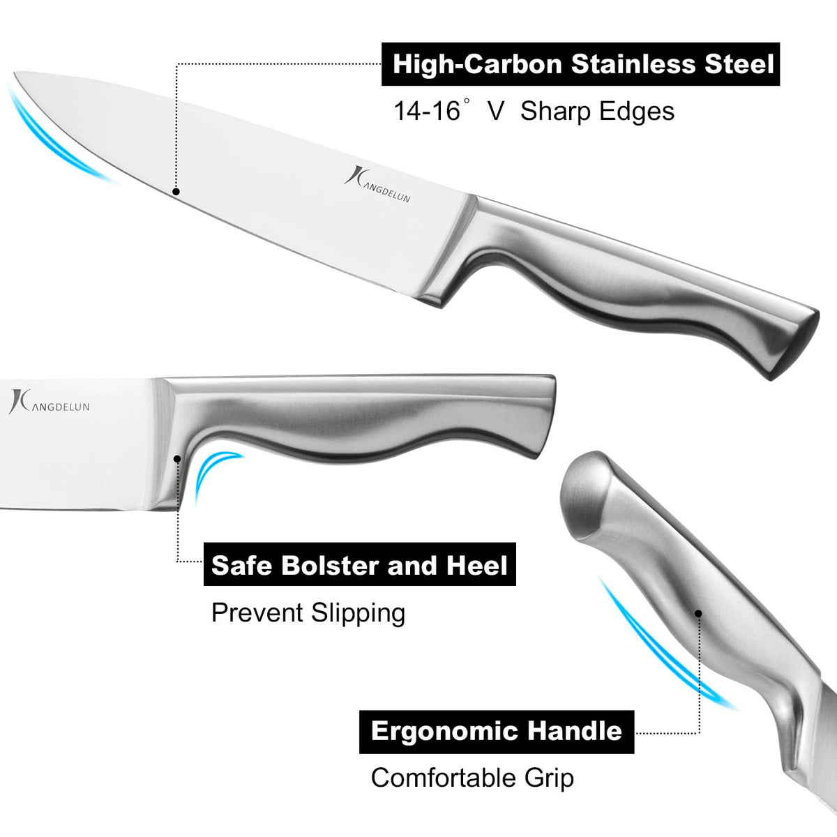 KANGDELUN 15‑Pc Kitchen Knife Set w/Block & Sharpener, Ultra Sharp 50Cr15MoV High Carbon Stainless Steel Blades, Ergonomic Anti‑Slip Handles, Angled Wood Block, Chef Knife, 6 Steak Knives & Shears
