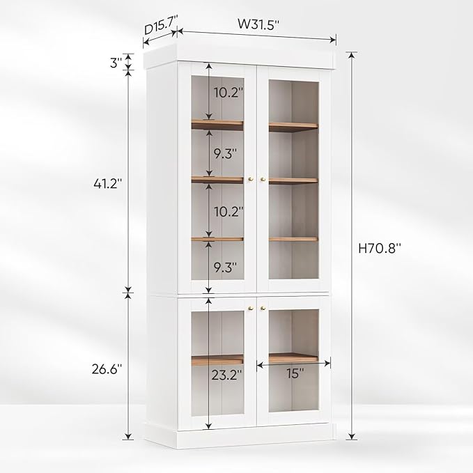 70.8" Bookshelf with Glass Doors, Farmhouse Modular Bookcase with 6-Tier Adjustable Shelves, Large Storage Cabinet for Living Room & Home Office, Set of 2, White
