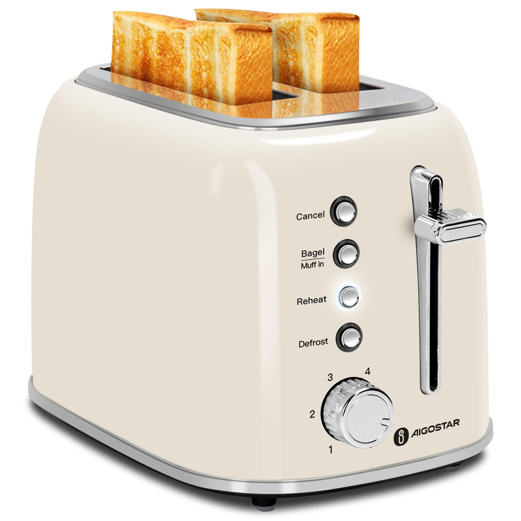 Aigostar Retro 2 Slice Toaster, Stainless Steel, White