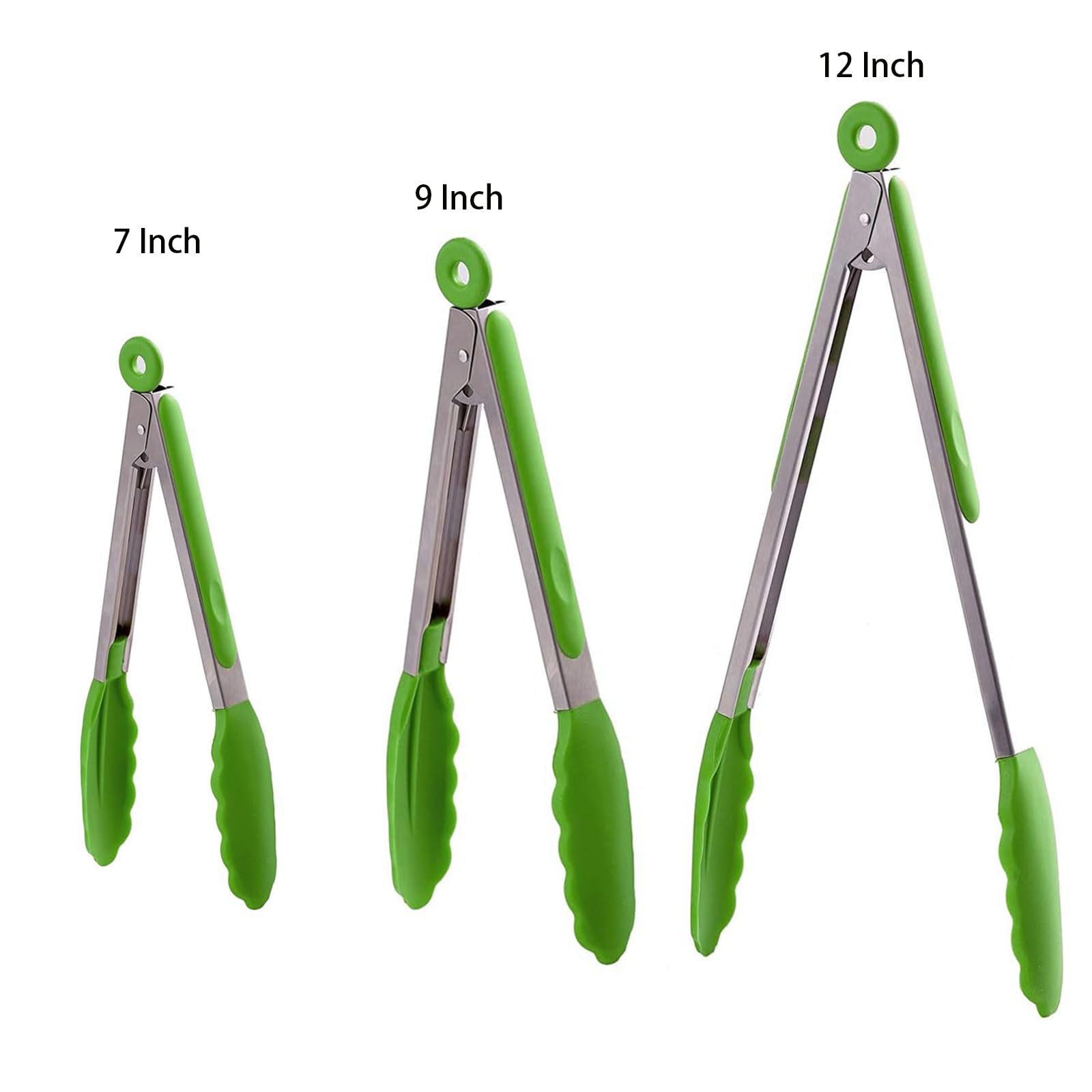 AMZDIAI Kitchen Tongs with Silicone Tips,Tongs for Cooking Heat Resistant 600 Degrees Stainless Steel Locking Tongs,Grass Green Set of 3-7", 9" and 12"