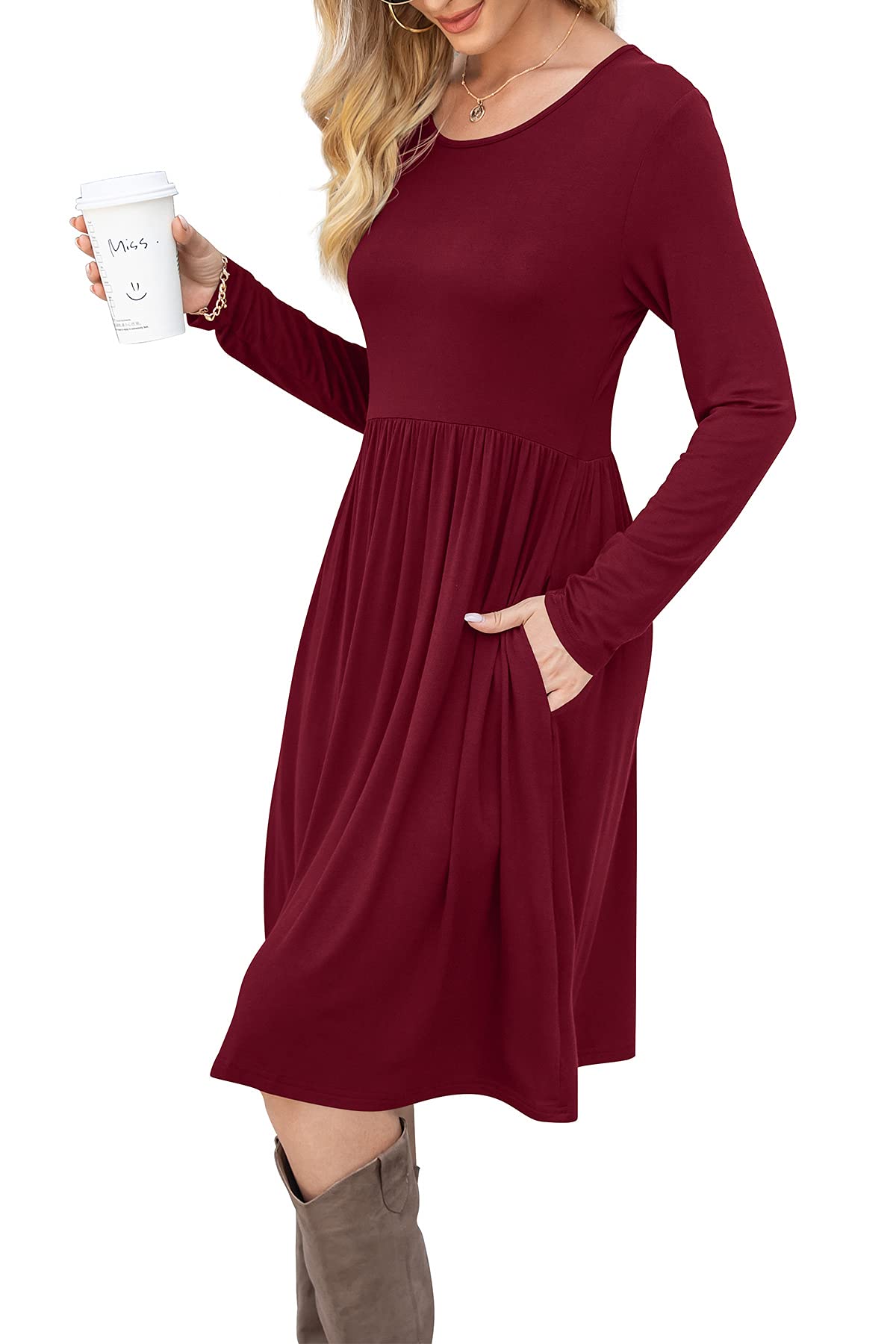 DB MOON Women Casual Long Sleeve Dresses Empire Waist Knee Length Loose Dress with Pockets (Wine Red, 3XL)
