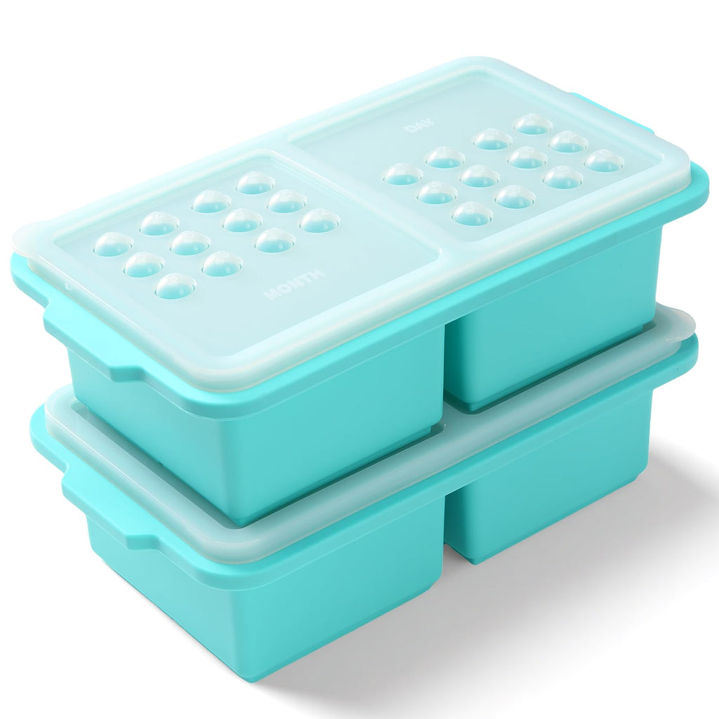 EuChoiz 2 Pack Silicone Freezer Tray Cubes 2 Cup with Date Mark Lids for Freezing Food Leftovers Sauces Portion and Lasagna Broth, Soup Freezer Molds for Meal Prepping Thick Enough
