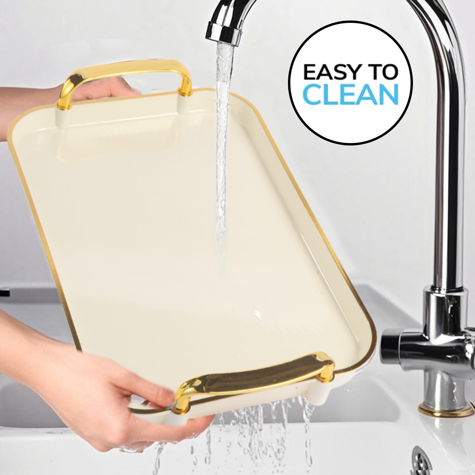 Aayoruro Serving Tray with Handles Set of 3 Rectangular Large Serving Platters 16.5/14.9/13.2 Inch White Plates for Dinner, Party, Entertaining, Cream Gold