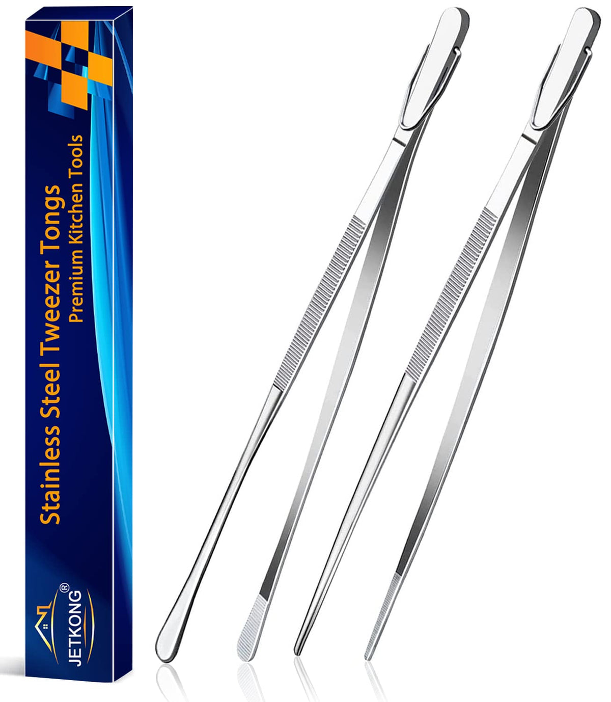 JETKONG 2 Pcs 12-Inch Cooking Tweezer Tongs Stainless Steel Kitchen Tweezers Plating Tongs (Navy Blue)
