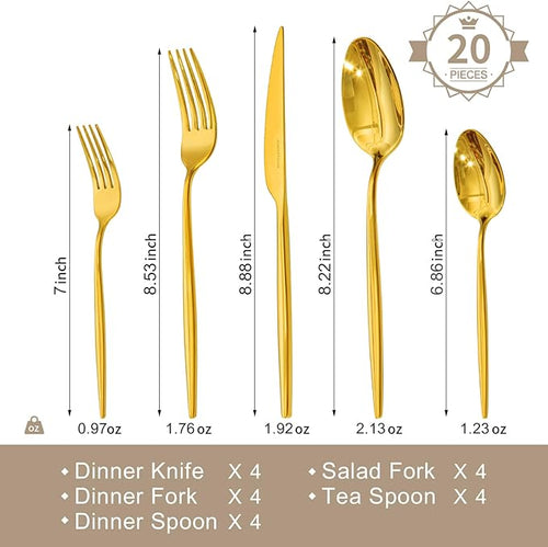 18/10 Silverware Set for 4, 20 Piece Gold Stainless Steel Flatware Cutlery