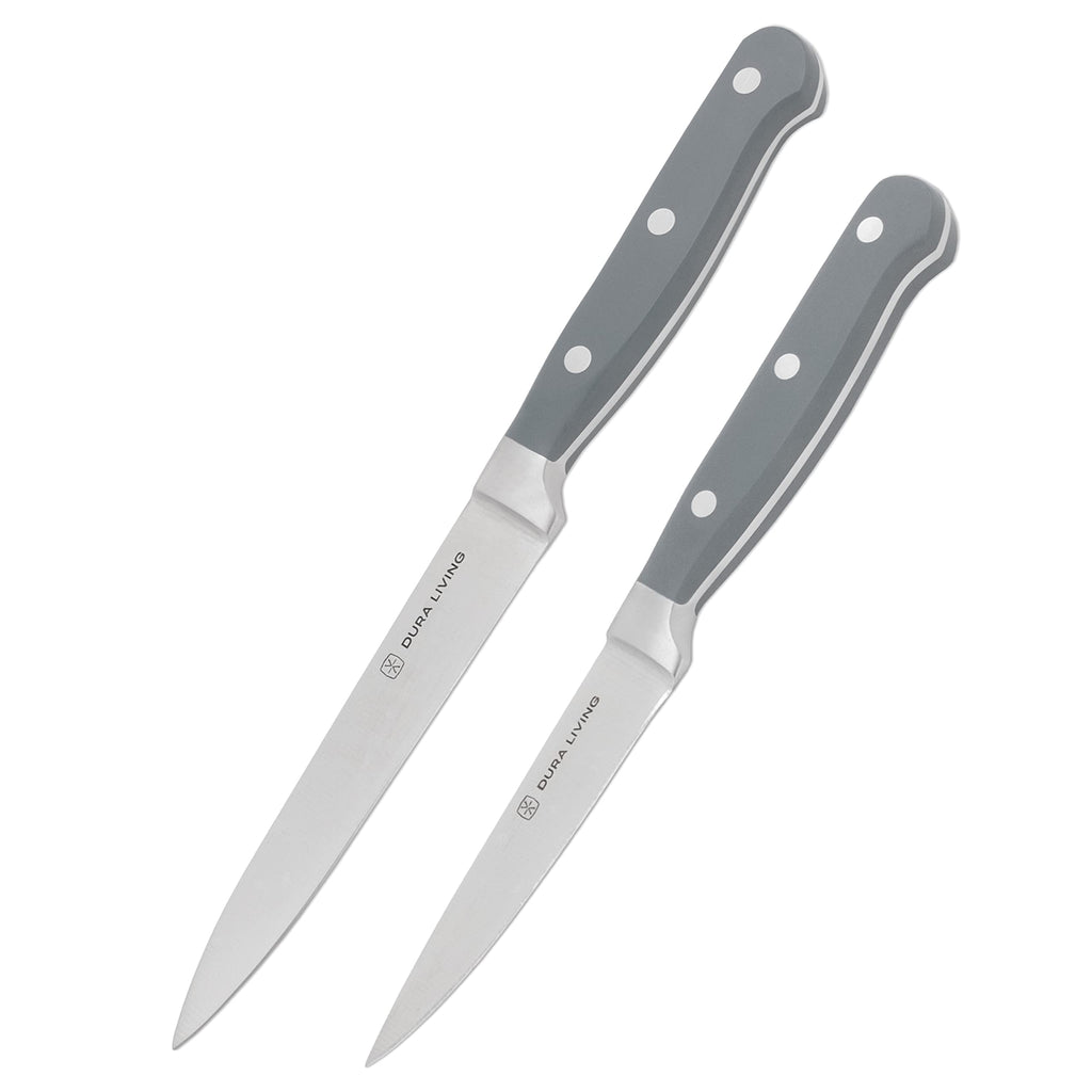 DURA LIVING Premium 4-Piece Steak Knife Set – Sharp Serrated Blades, Forged High Carbon Stainless Steel, Full Tang, Ergonomic Handle, Black – Perfect for Dining