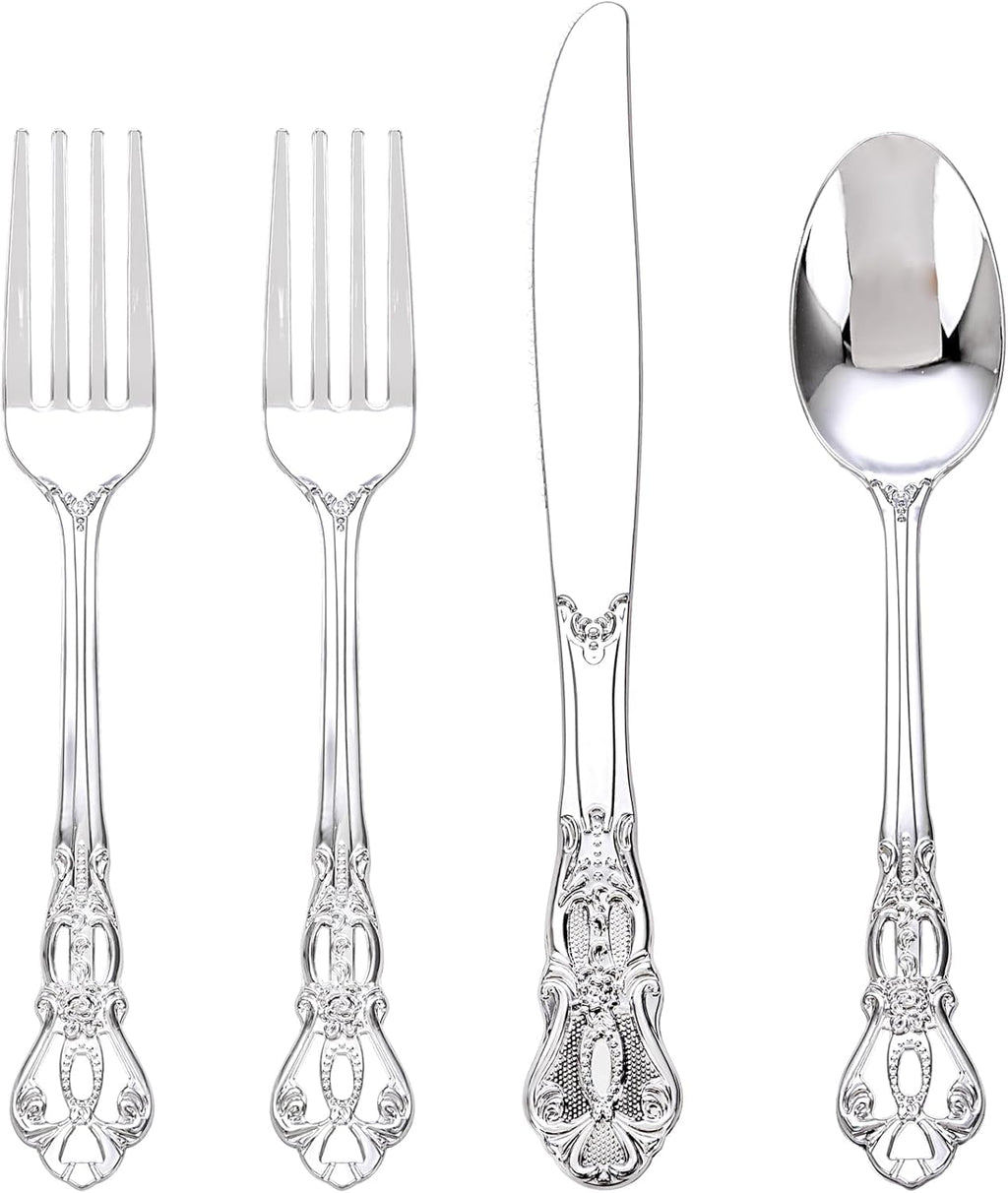 Joyido 200PCS Silver Plastic Silverware Sets Elegant for Party Wedding