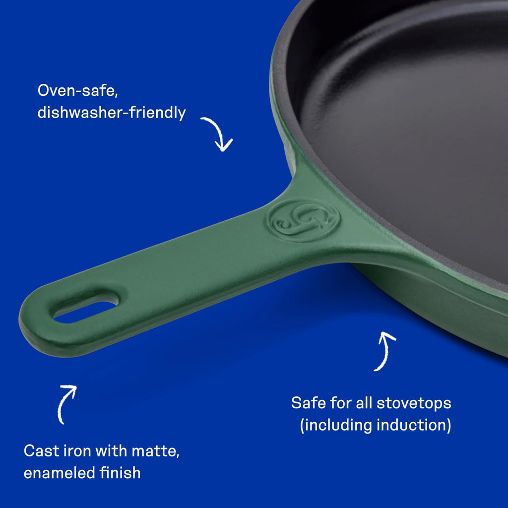 Great Jones 12 Inch Cast-Iron Enameled Skillet (Broccoli) - Safe to 500°F