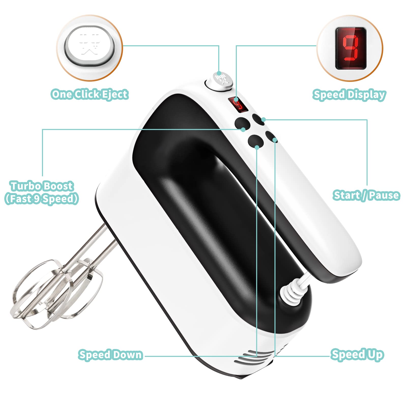Yomelo 9-Speed Digital Hand Mixer Electric, 400W Powerful DC Motor, Hand Mixer Electric Handheld with Snap-On Storage Case, 5 Stainless Steel Accessories, Beaters, Dough Hooks, Whisk(White/Black)