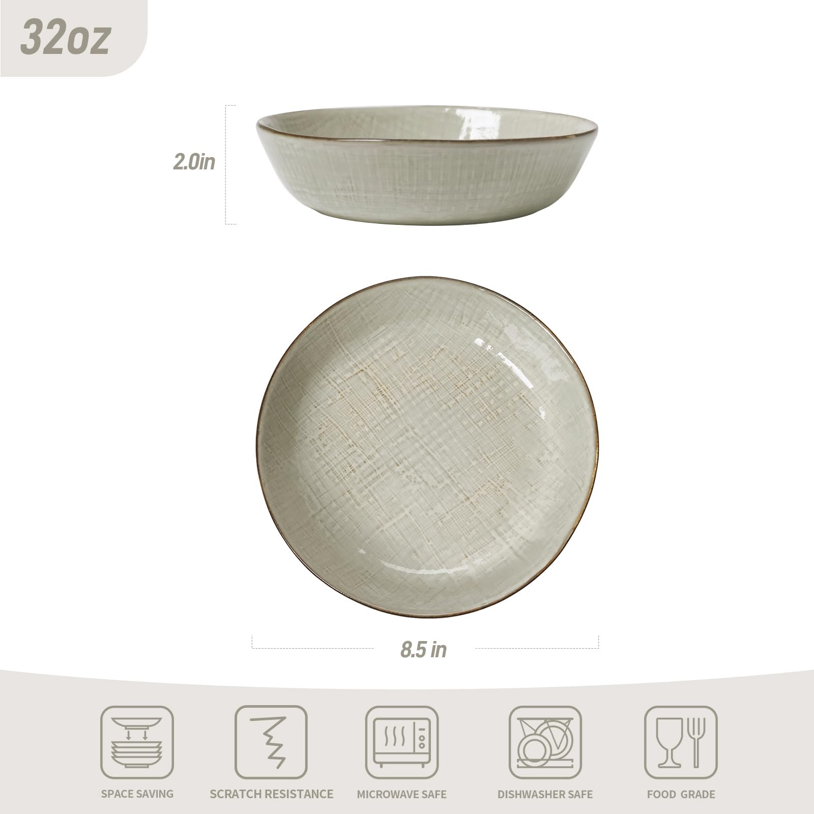famiware Moonlight 8.5 Inch Pasta Bowls Set of 4, 32oz Serving Bowls for Kitchen, Soup Bowl with Linen Finish, Large Stoneware Bowls for Festivals, Housewarming, Dinnerware, Summer Sand