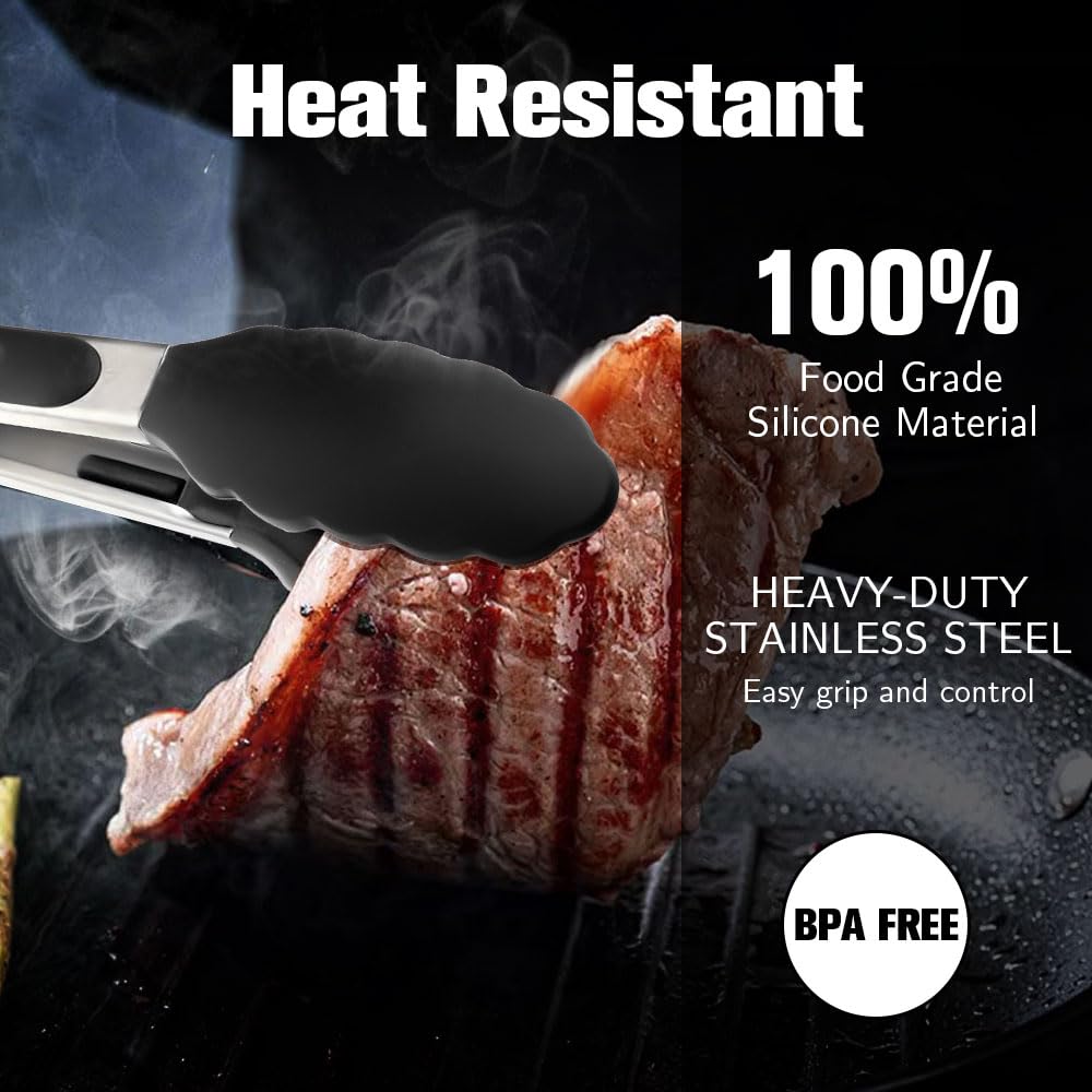 Kitchen Tongs 2 Pcs Tongs for Cooking Black Silicone Tongs 7 Inch 9 Inch Stainless Steel Locking Food Tongs with Silicone Tips Heat Resistant Serving Tong for BBQ Food Grilling Salad Kitchen Utensils
