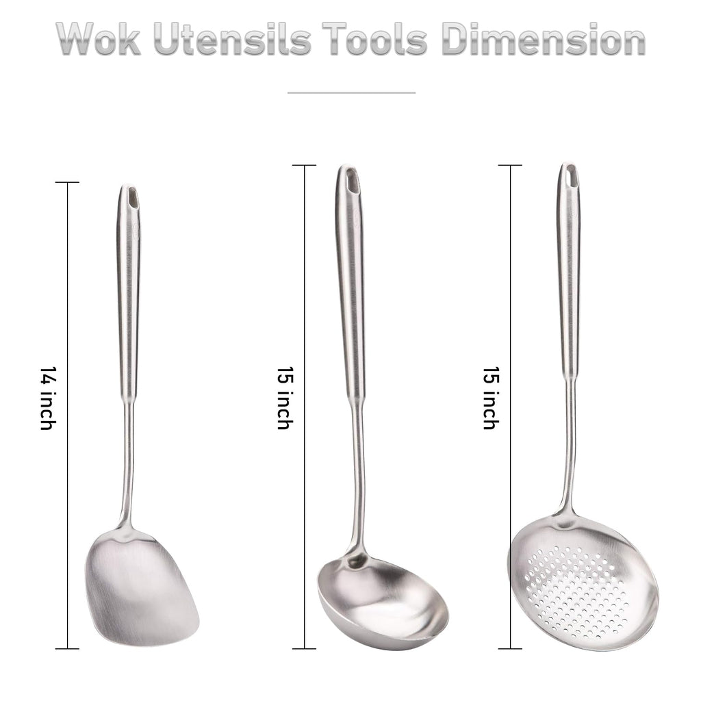 FJNATINH 4-Pieces 304 Stainless Steel Wok Spatula Set,Cooking Utensil Set,Soup Ladle Colander,Nonstick Kitchen Cooking Utensils Set with Spatula,Kitchenware Tools