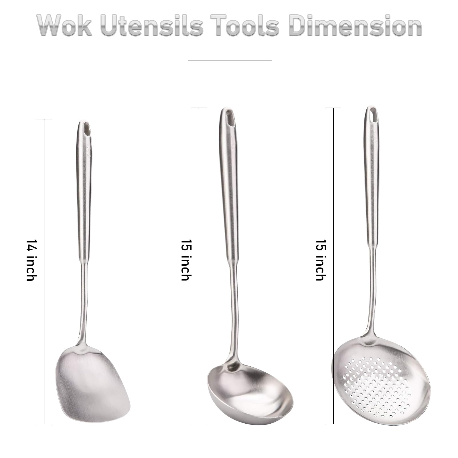 FJNATINH 4-Pieces 304 Stainless Steel Wok Spatula Set,Cooking Utensil Set,Soup Ladle Colander,Nonstick Kitchen Cooking Utensils Set with Spatula,Kitchenware Tools