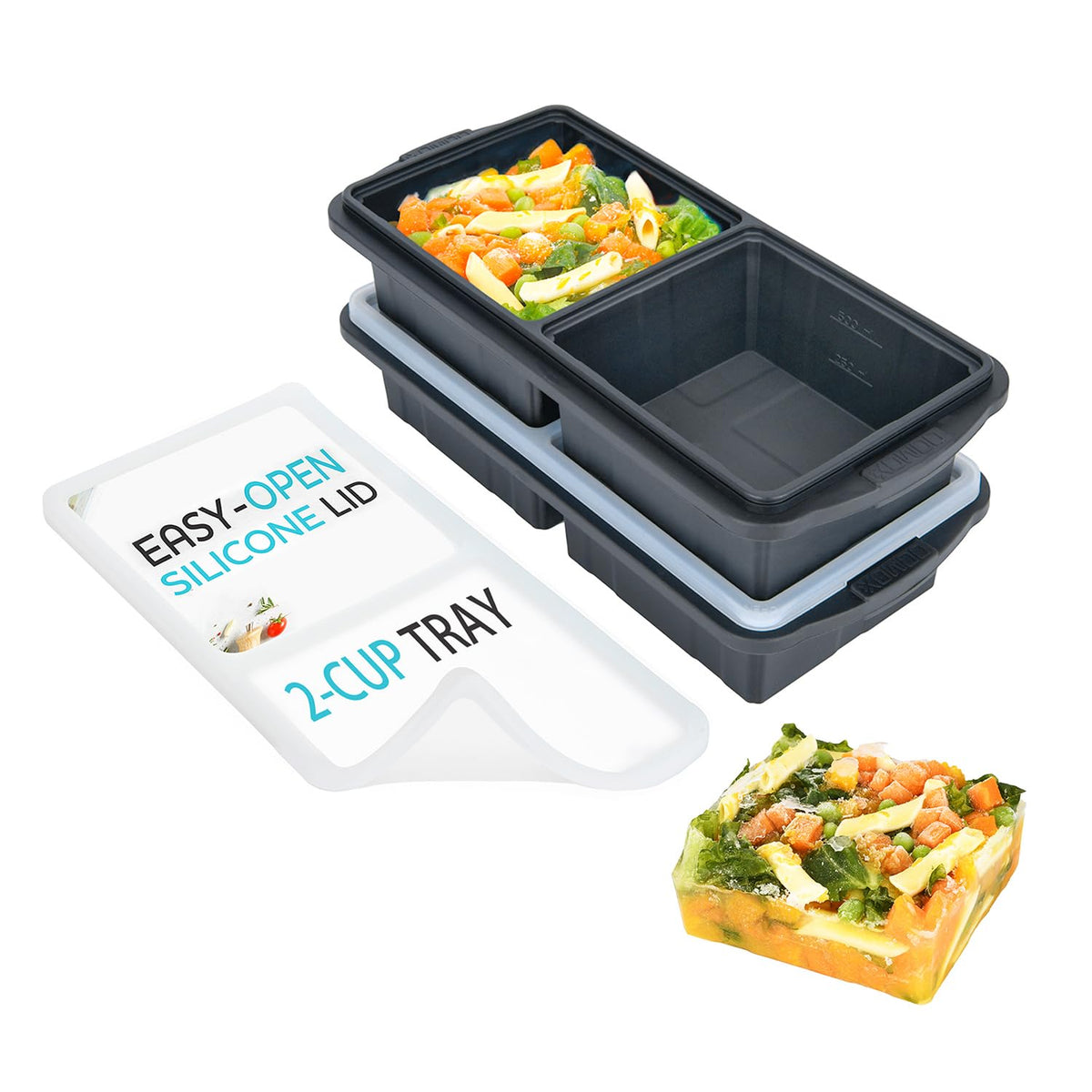 XOMOO Silicone Freezer Tray With Lid - Soup Freezer Container molds - Large Ice Cube Tray- makes 8 perfect 1 cup portions cubes, 2-Pack Freezer Storage Food Soups & Meal Prep - Oven & Dishwasher -Safe