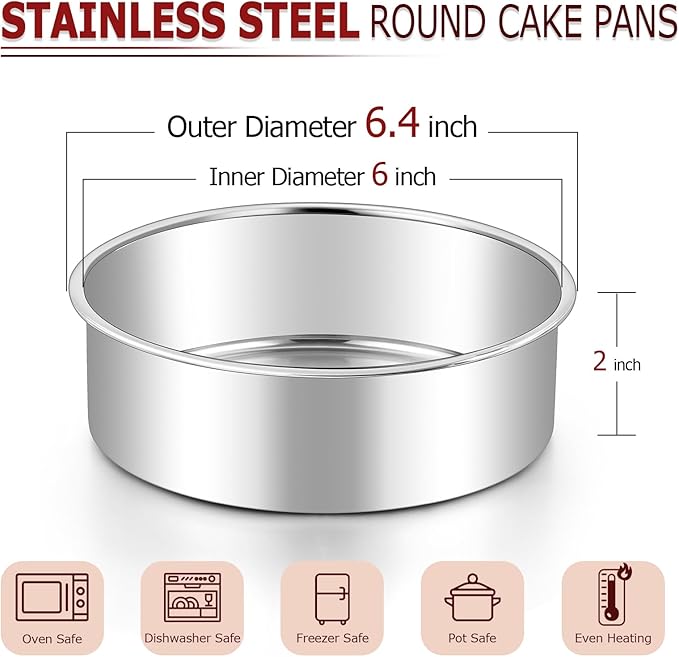 LIANYU 6 Inch Cake Pan Set of 3, Stainless Steel Round Smash Cake Baking Pans Tins, Bakeware for Birthday Wedding Party, Leak-proof & Mirror Finish, Dishwasher Safe