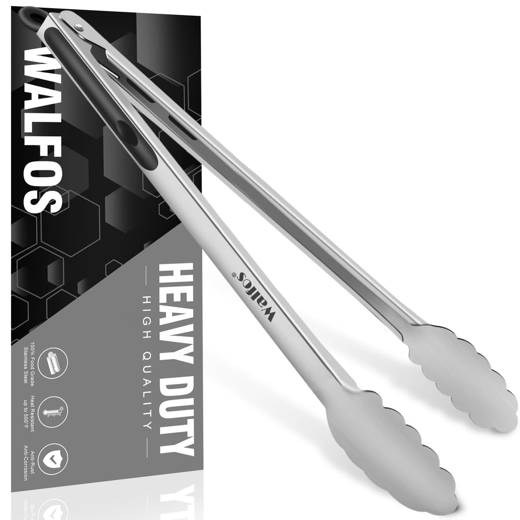 Walfos tongs for cooking, All Metal Kitchen Tongs 600℉ Heat Resistant, Heavy Duty Locking Tongs 2-piece 12 Inch