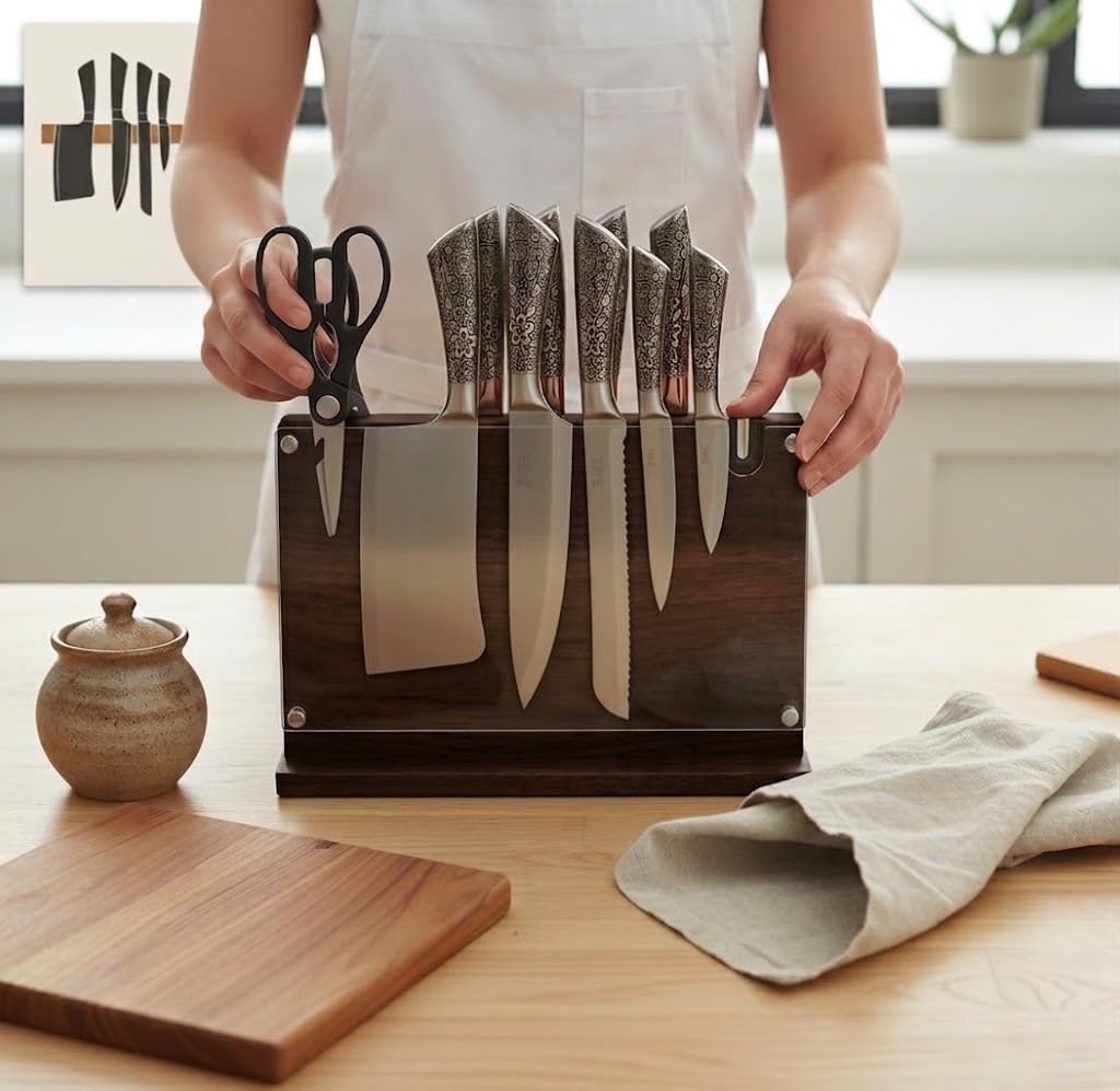 Magnetic Knife Block with Builtin Sharpener, Double Sided Magnet and Acrylic safety shield on both side for Kitchen Counter, Extra Large size 14'x10',Wood Magnetic Knife Holder,stand. Board.
