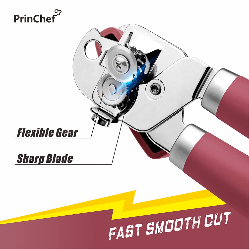 PrinChef Can Opener Manual, Can Tin Bottle Opener with Magnet - No-Trouble-Lid-Lift, Handheld Can Opener Smooth Edge with Sharp Blade, Heavy Duty and Easy to Use, for Seniors with Arthritis, Red