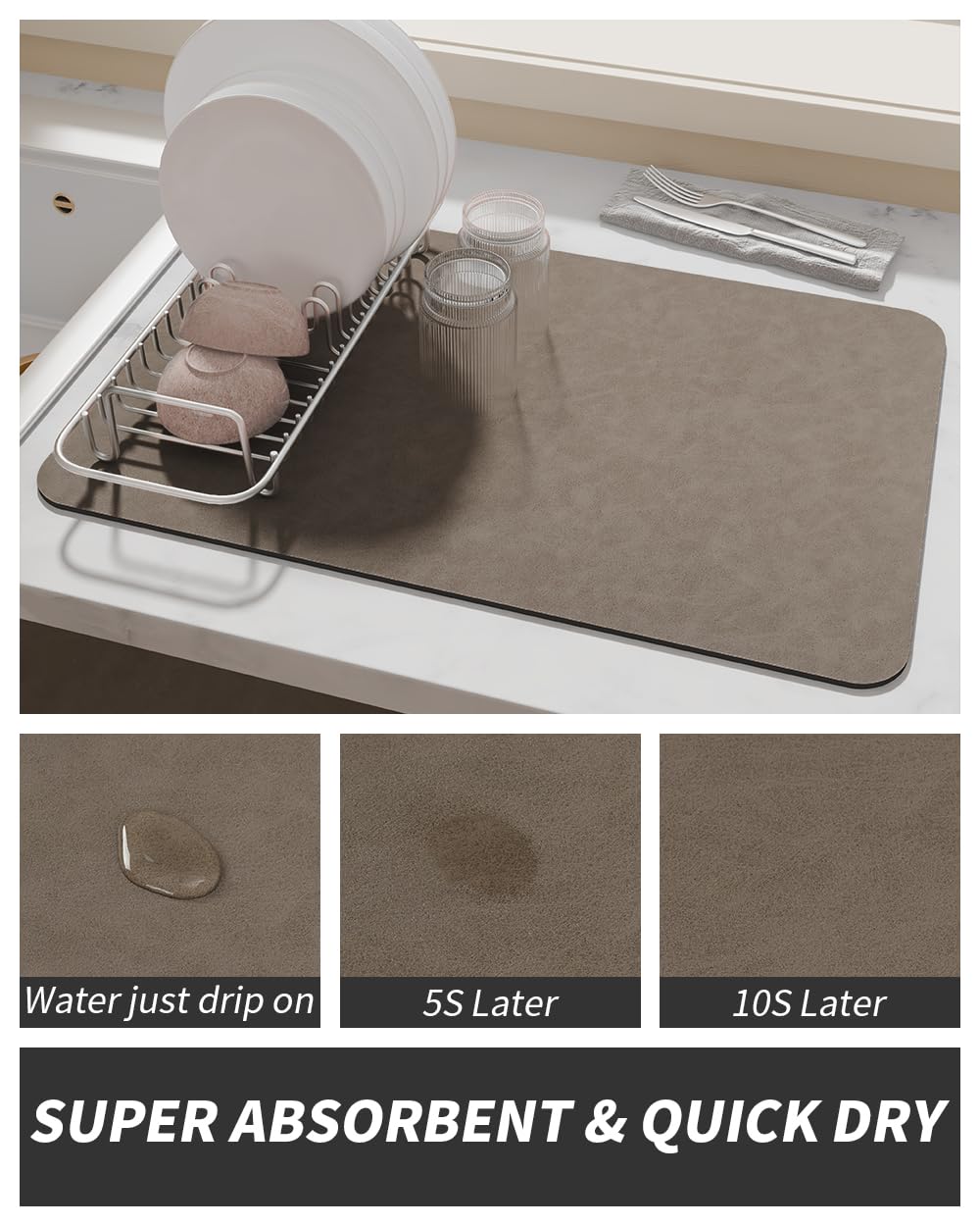 AMOAMI Coffee Mat Hide Stain Rubber Backed Absorbent Dish Drying Mat for Kitchen Counter - Fits Under Coffee Maker or Machine
