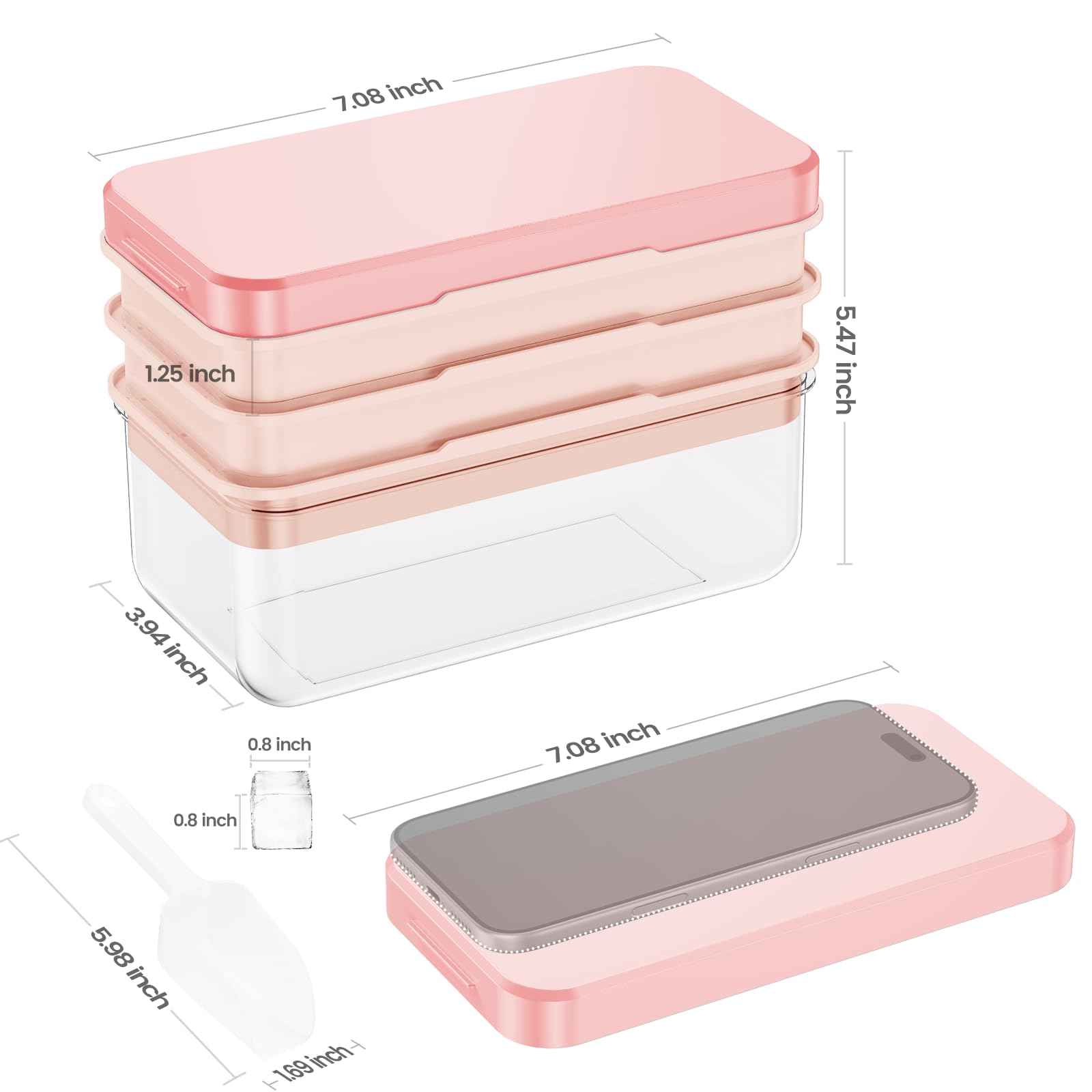 0.8“ Ice Cube Tray with Lid and Bin, PHINOX 84 Cubes Ice Trays for Freezer, Ice Cube Trays for Freezer with 3 trays, Container, Lid & Ice Scoop, BPA Free, Pink(28Cubes/Tier)