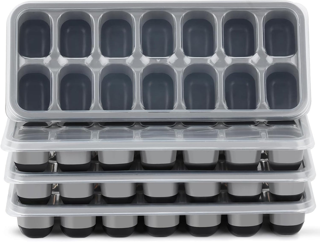 Silicone Ice Cube Tray, 4 Pack Easy-Release & Flexible 14-Ice Cube Trays with Spill-Resistant Removable Lid, Stackable Ice Trays with Covers for Freezer, Cocktail (Pink)