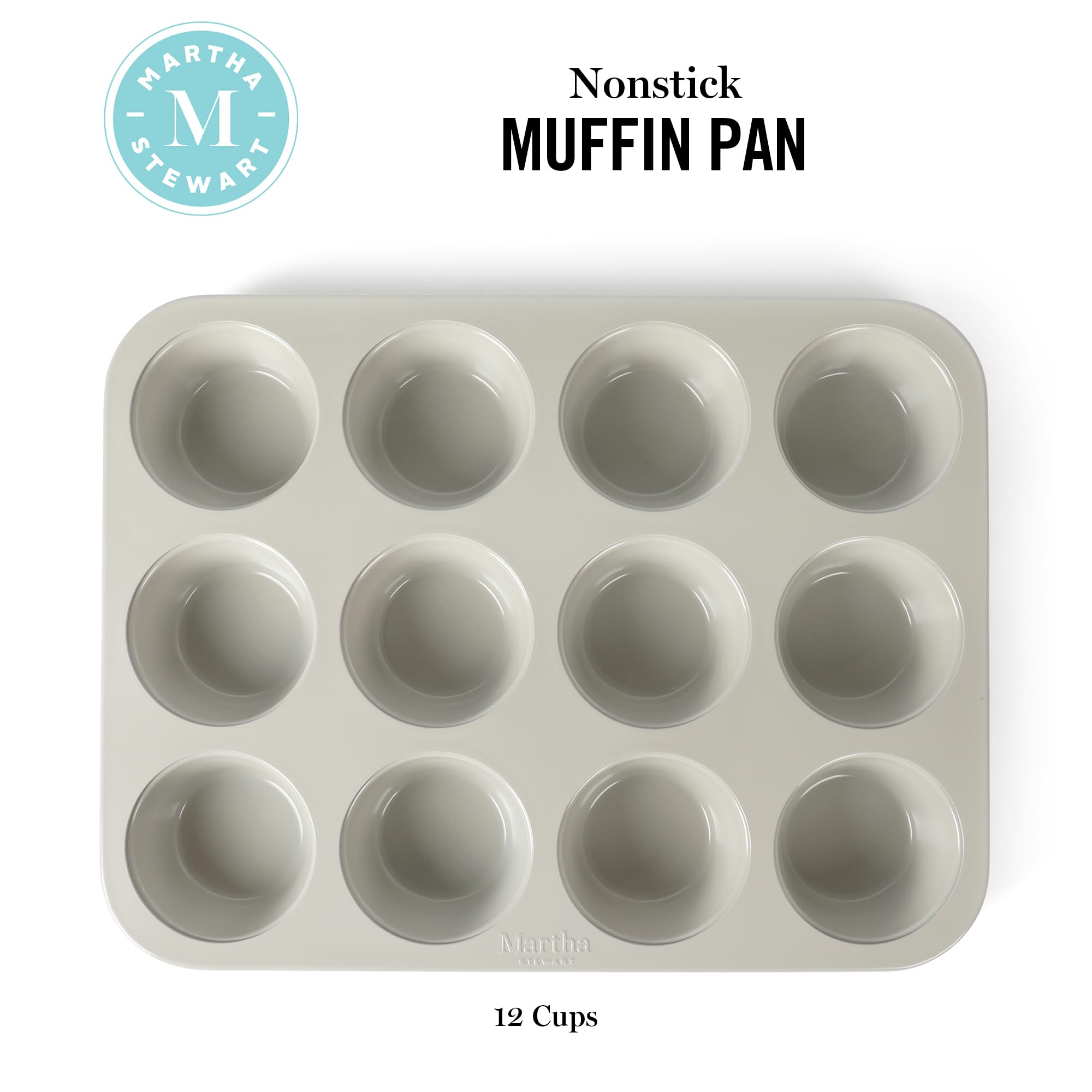 Martha Stewart Gallen 12 Cup Nonstick Carbon Steel Muffin and Cupcake Pan – Cool Grey, Durable Bakeware for Even Baking and Easy Release