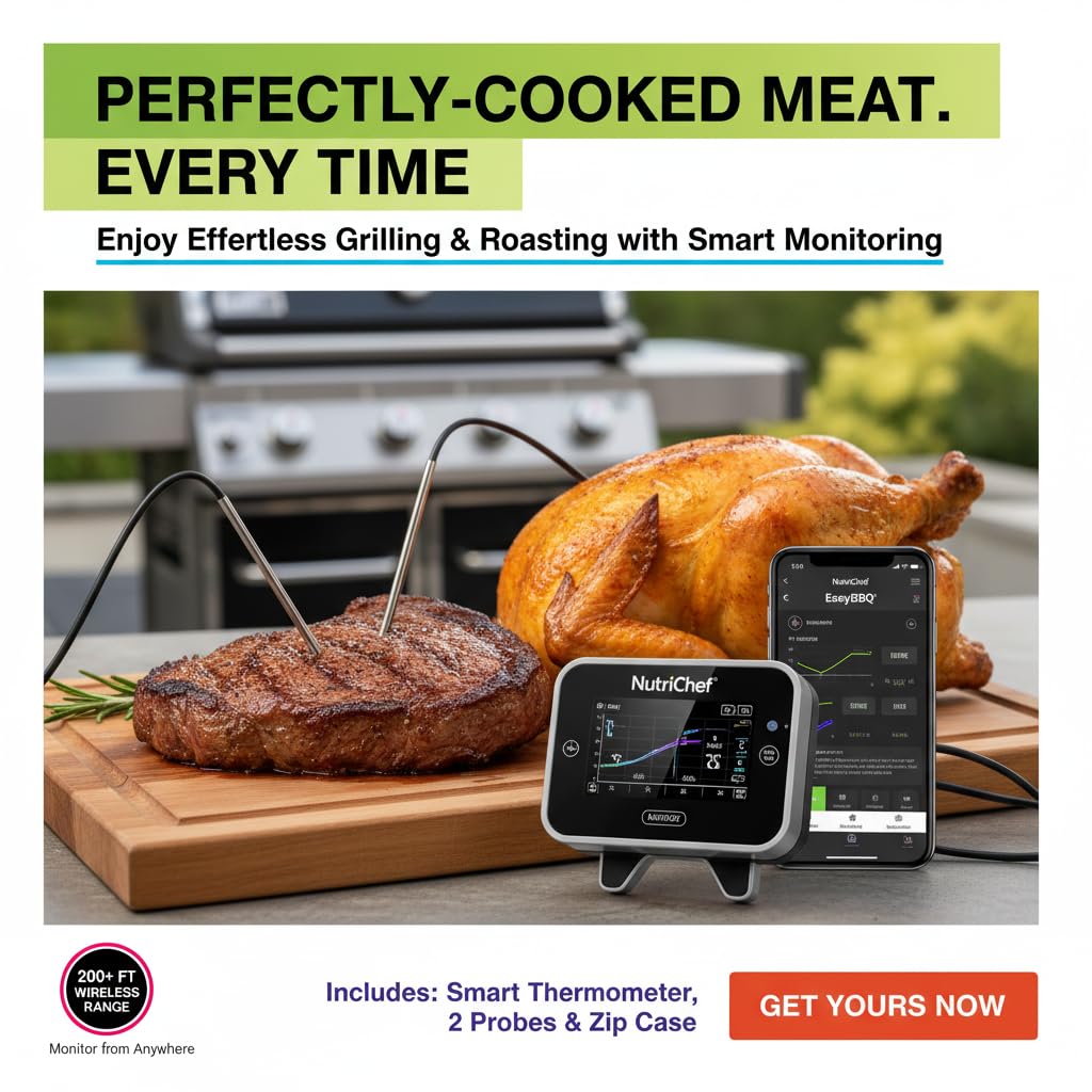 NutriChef Smart Bluetooth BBQ Thermometer with Travel Zip Case, Upgraded Stainless w/ 2 Temperature Probes, LCD Display, Done Alarm Android iPhone, Gas Charcoal BBQ Smoker Temp Monitoring