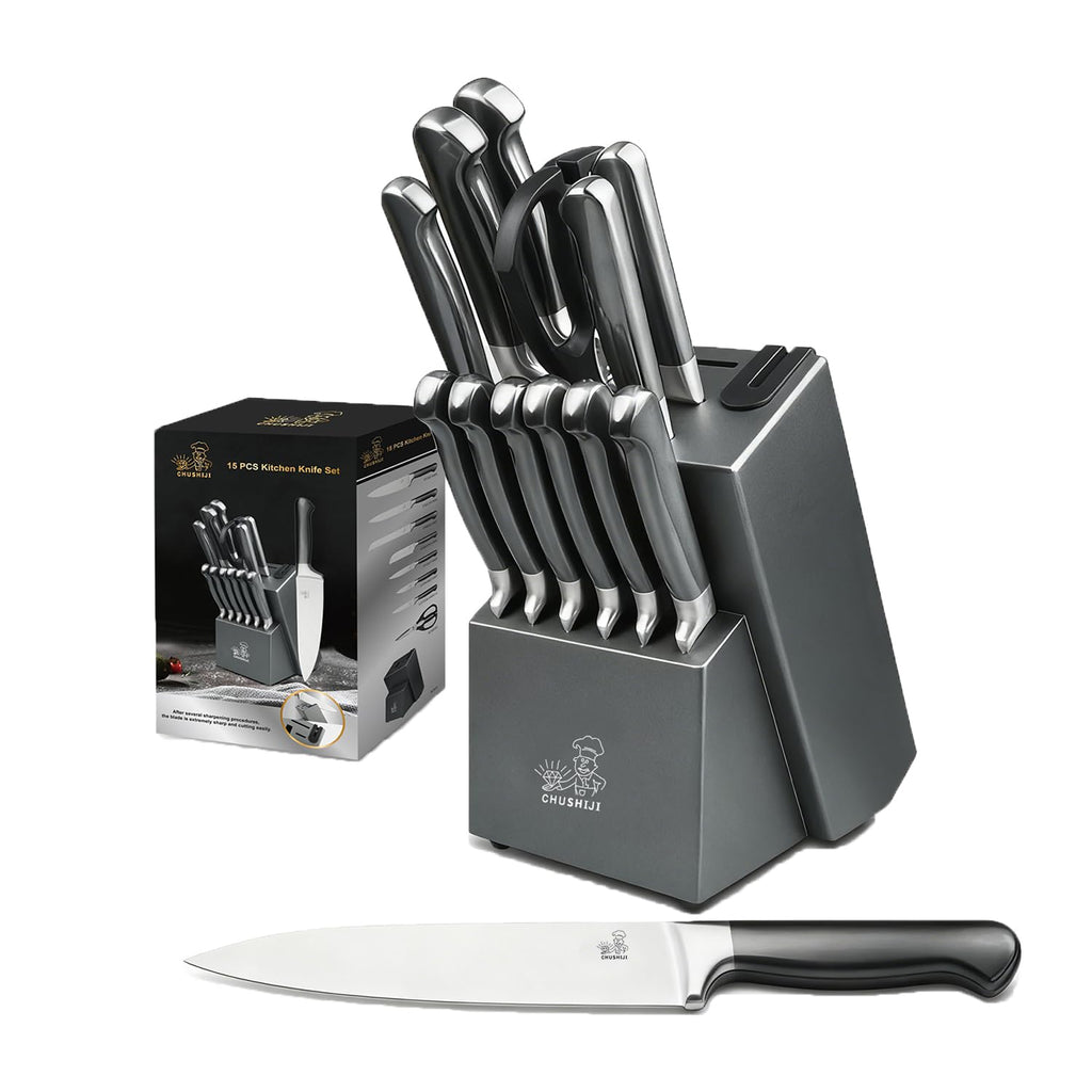 15-Piece Gray Kitchen Knife Set with Block and Sharpener, Dishwasher Safe
